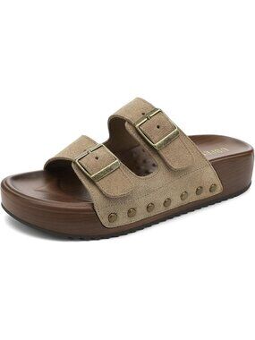 Women's Slides Platform B Khaki Genuine Leather Arch Support Buckle Sandals